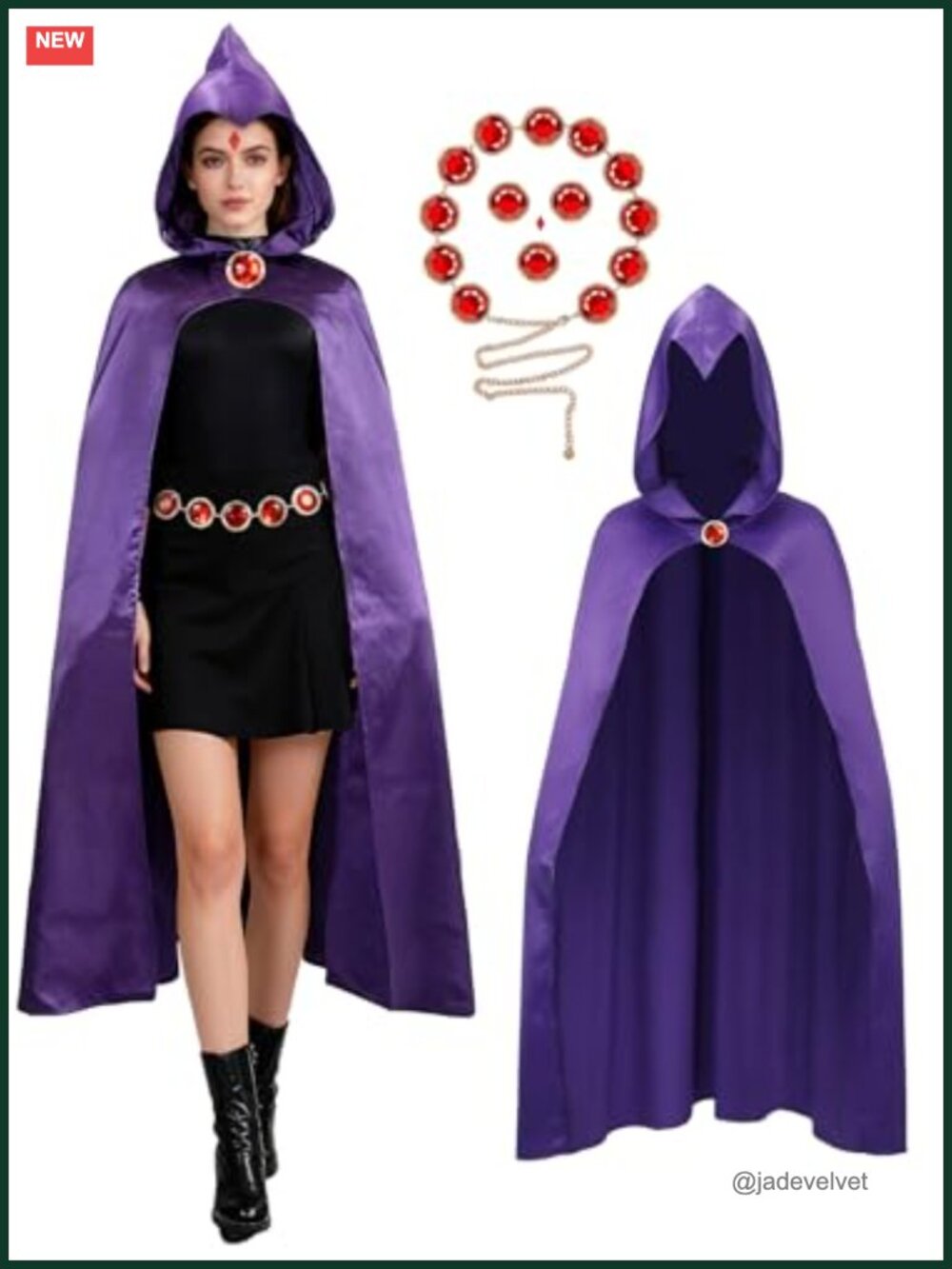 Raven Costume Hooded Cape Cloak with Gem Waist Belt Halloween